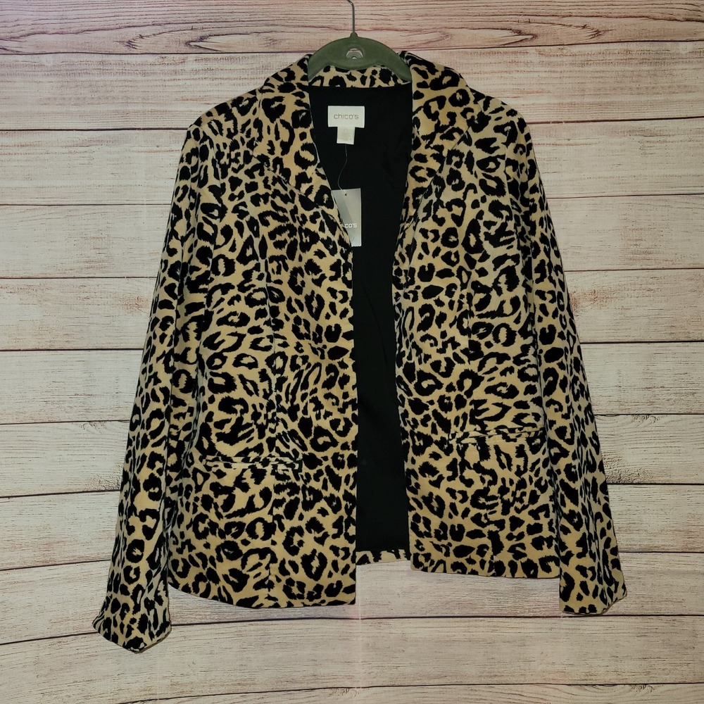 Chico's Leopard Velveteen LS Jacket Camel Animal Print Blazer Size‎ 0 NEW